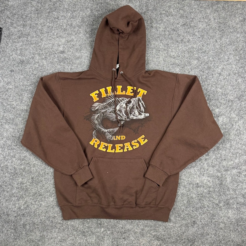 Jerzees Hoodie Mens Size L Brown Fillet and Release Fish Skeleton Graphic